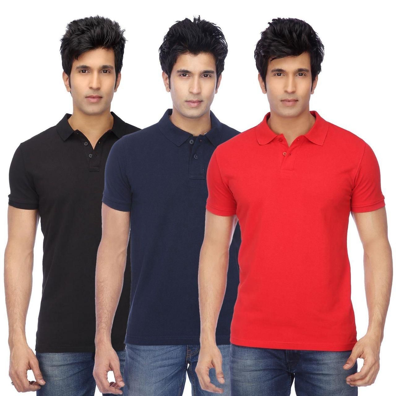 Cotton Blend Solid Half Sleeves Mens Polo Neck T-Shirt (Pack of 3)