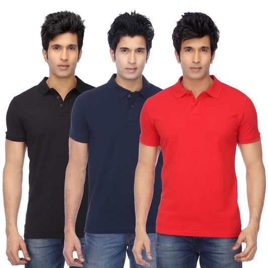 Cotton Blend Solid Half Sleeves Mens Polo Neck T-Shirt (Pack of 3)