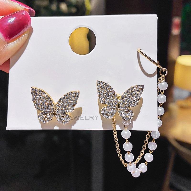 Butterfly pearl ear bone clip earrings all-in-one female super fairy tassel earrings