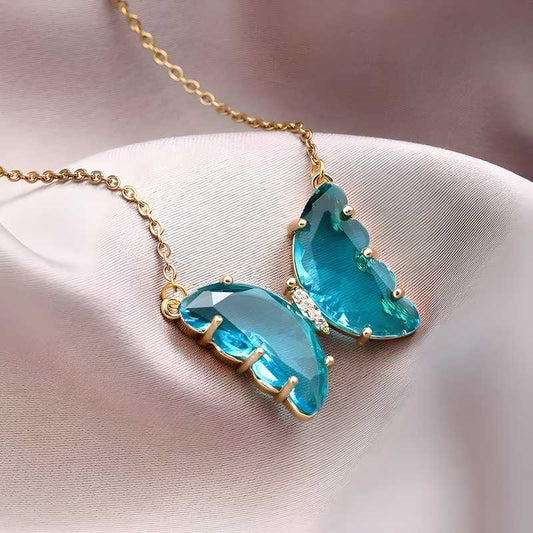 Blue crystal butterfly pendant necklace for women and Girls