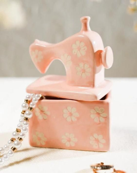 Handmade Kawaii Miniature Dollhouse Pink Ceramic Sewing Machine Trinket Box