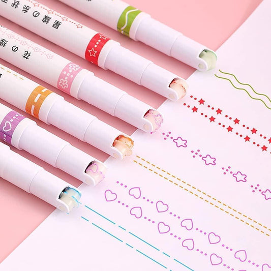 Linear Roller Color Pens Highlighters with 6 Different Curve Shapes (Set of 6)