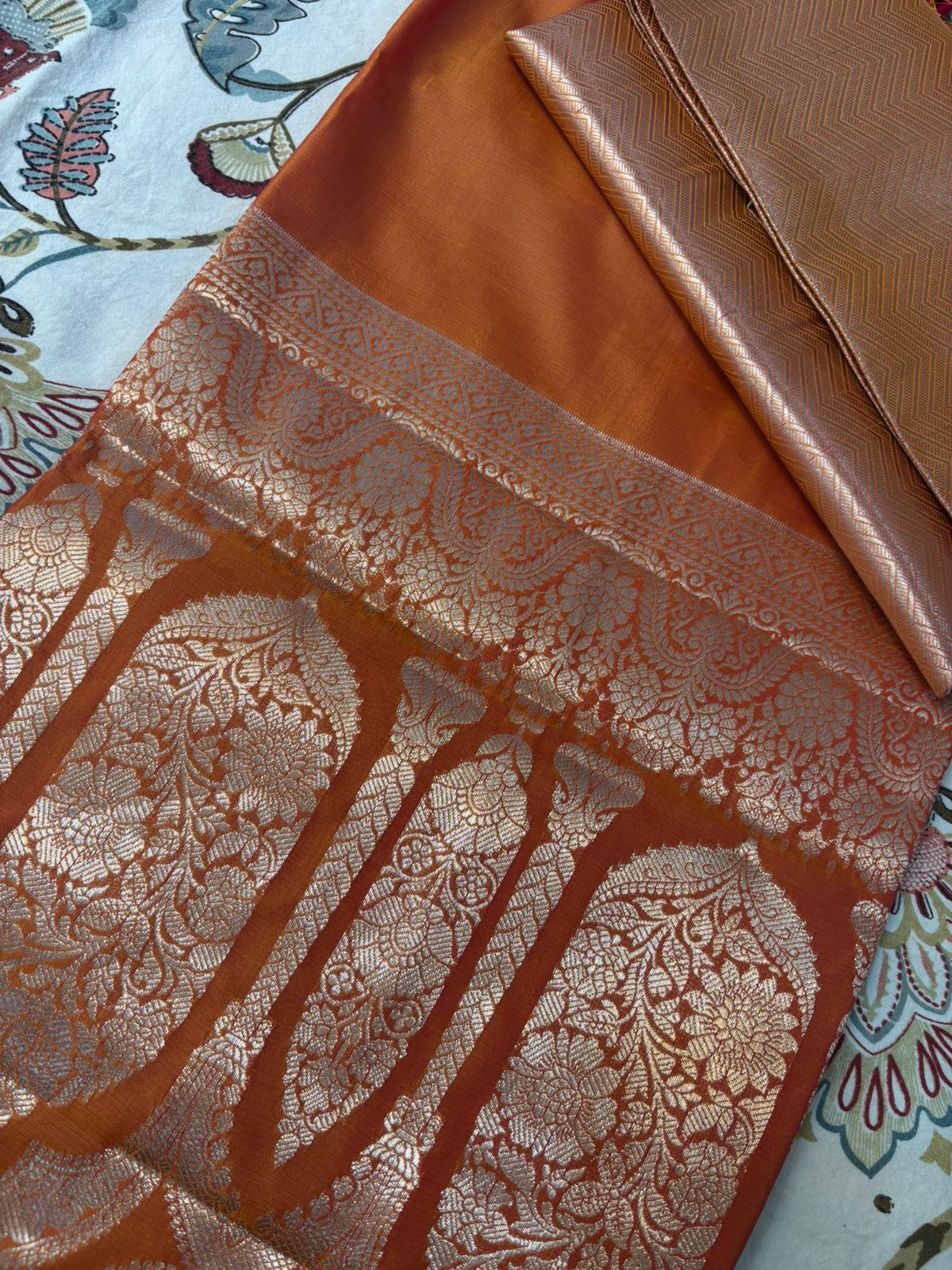 Drushti Copper Orange Banarasi-Style Zari Work Saree with Luxury Pallu
