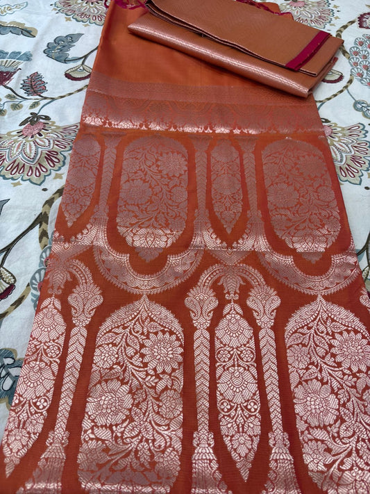 Drushti Copper Orange Banarasi-Style Zari Work Saree with Luxury Pallu