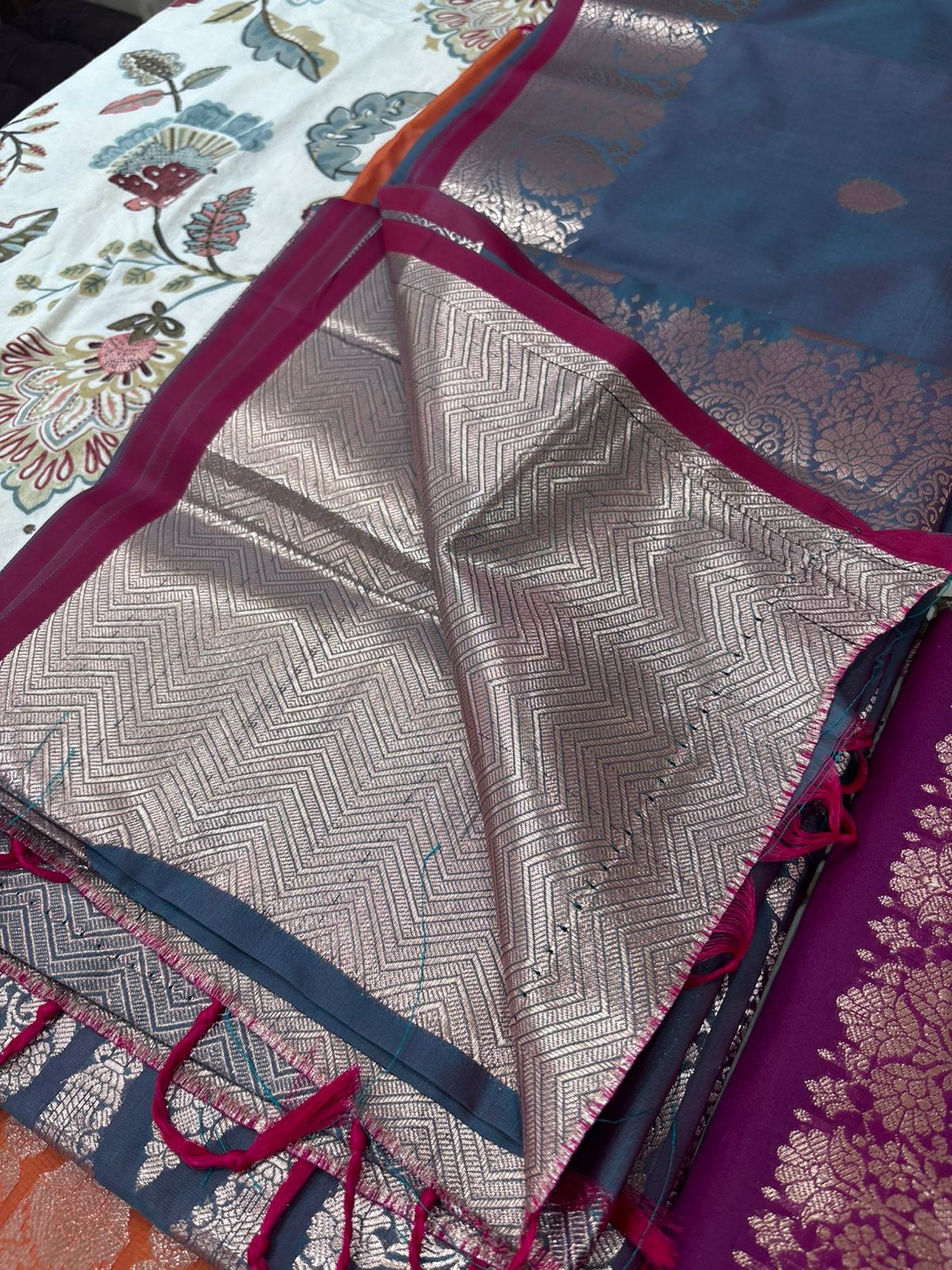 Drushti Steel Blue & Magenta Banarasi-Style Zari Work Designer Saree