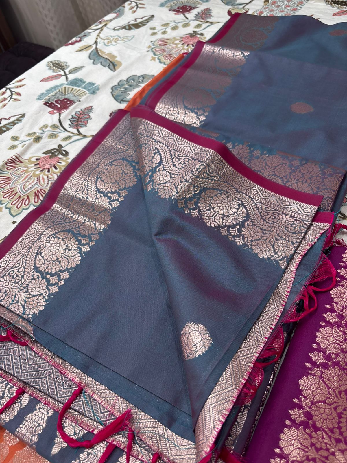 Drushti Steel Blue & Magenta Banarasi-Style Zari Work Designer Saree