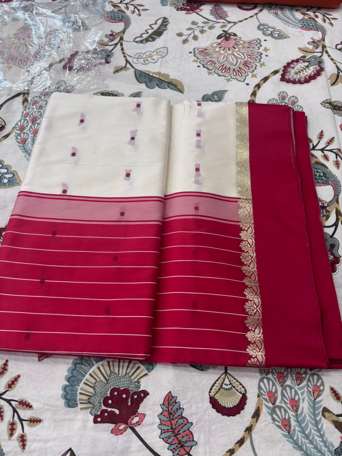 Drushti Elegant Ruby Red & Ivory Designer Saree with Golden Border