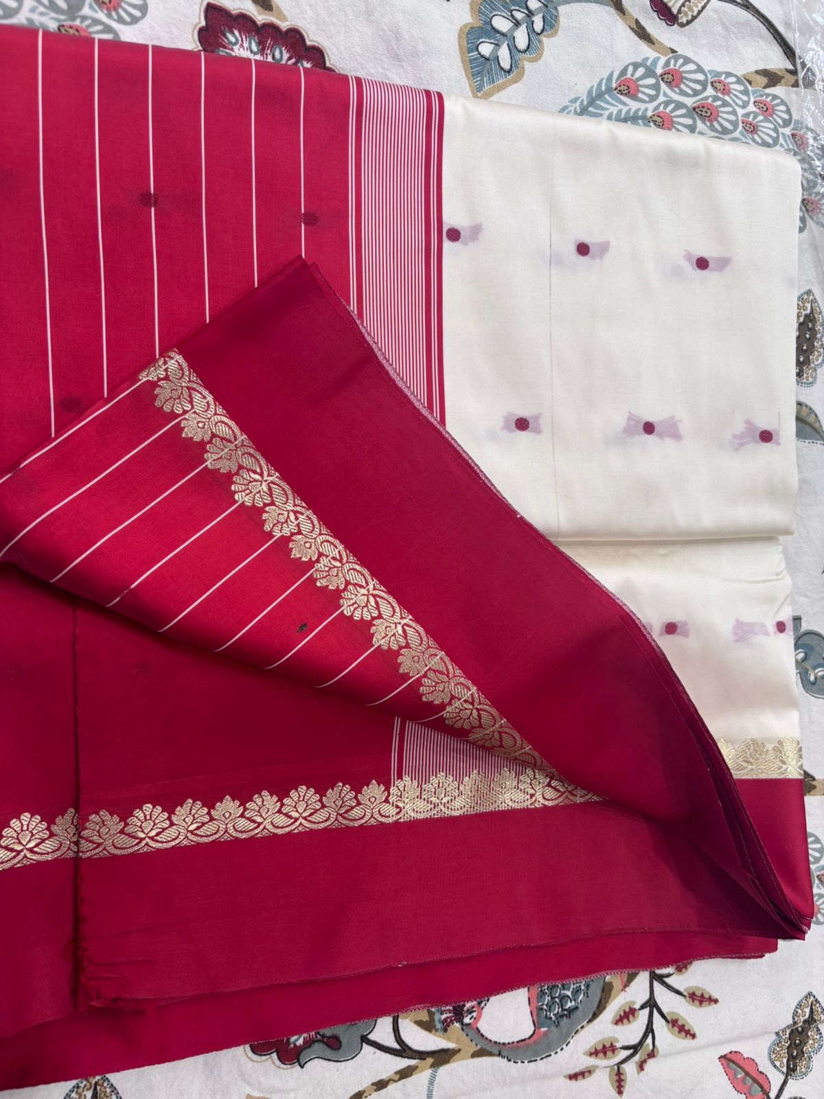 Drushti Elegant Ruby Red & Ivory Designer Saree with Golden Border