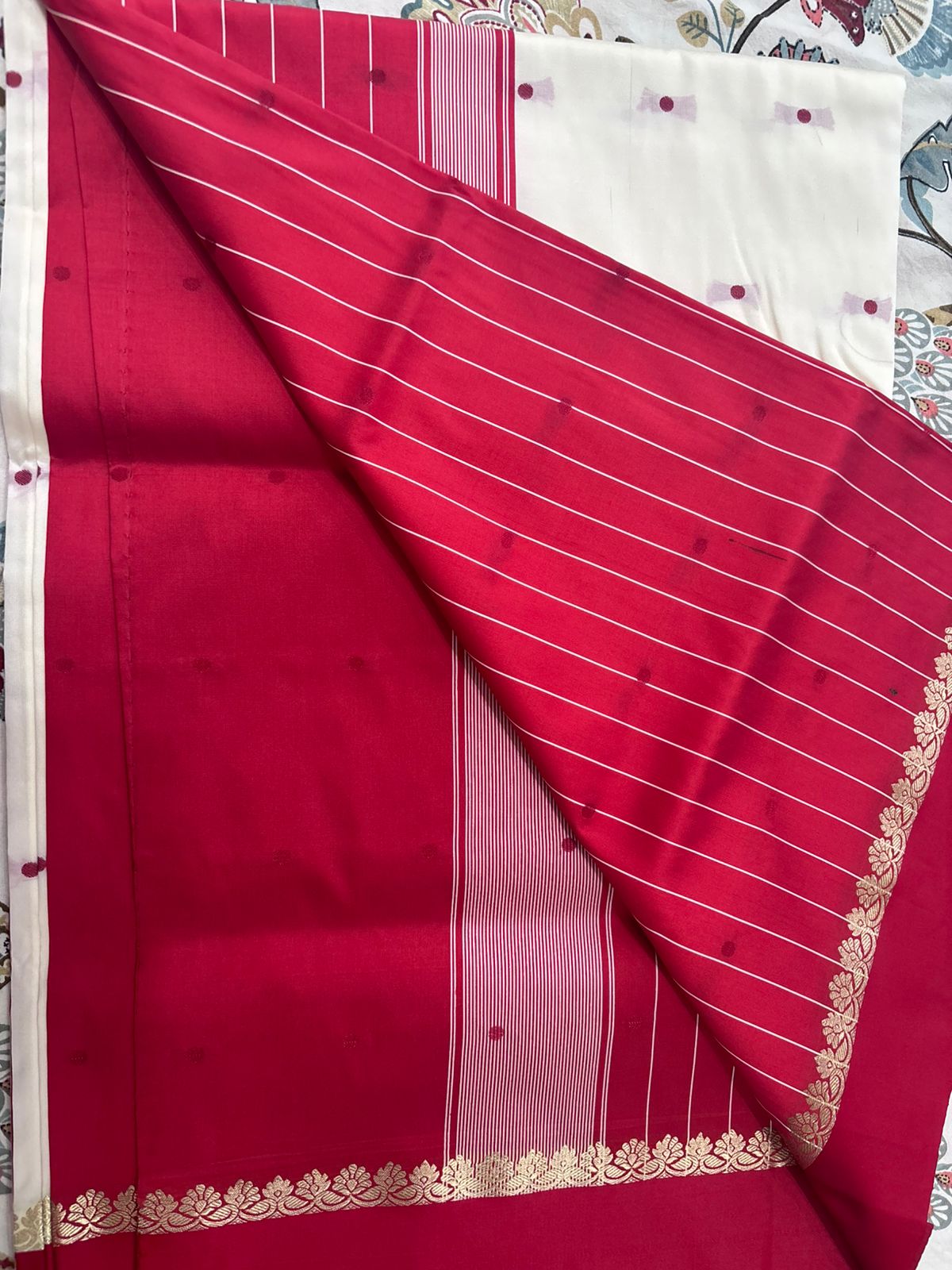 Drushti Elegant Ruby Red & Ivory Designer Saree with Golden Border