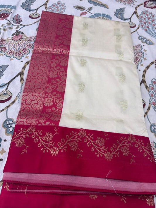 Drushti Ivory & Deep Pink Zari Work Designer Saree with Floral Border
