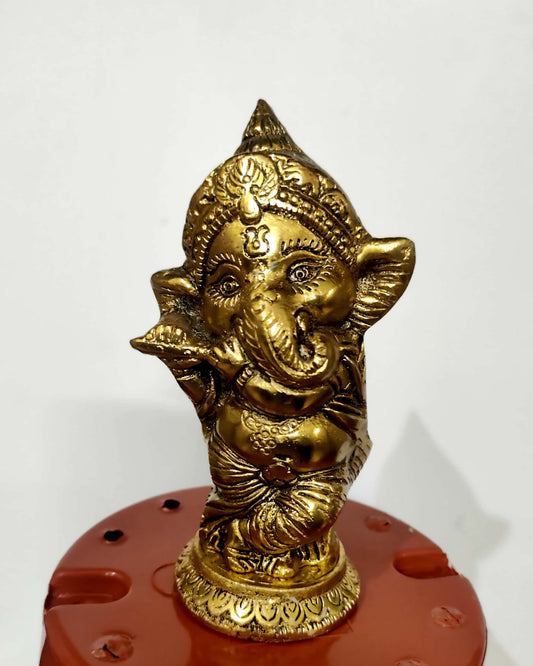 Lord Ganesha Playing Flute Brass Idol